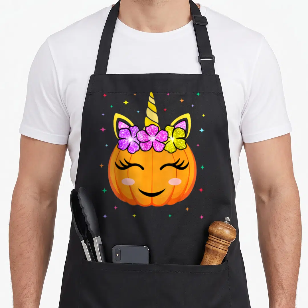 Unicorn pumpkin apron - Orange pumpkin with yellow horn, purple and pink flowers, and scattered stars — shown on a black cotton canvas apron against a white background