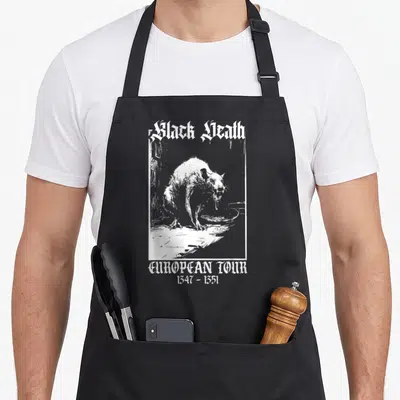 Death goth apron - White line-art rat with Black Death European Tour 1347-1351 gothic text on dark apron front — shown on a black cotton canvas apron against a white background