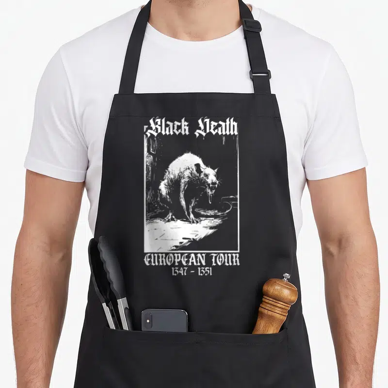 Death goth apron - White line-art rat with Black Death European Tour 1347-1351 gothic text on dark apron front — shown on a black cotton canvas apron against a white background