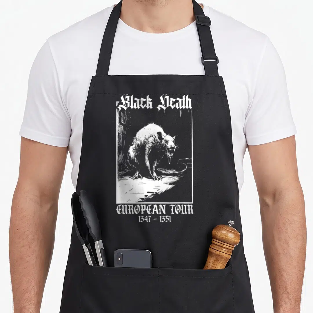 Death goth apron - White line-art rat with Black Death European Tour 1347-1351 gothic text on dark apron front — shown on a black cotton canvas apron against a white background