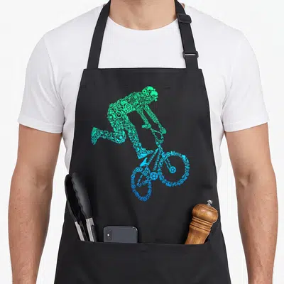 Rider bicycle bike apron - Cyclist silhouette made of green cyan and blue bicycle icons on black background — shown on a black cotton canvas apron against a white background