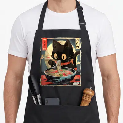 Eating cat apron - Black cat eating ramen with chopsticks, red RAMEN banner, Japanese characters, cream circle — shown on a black cotton canvas apron against a white background
