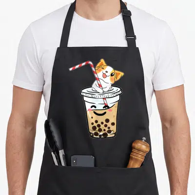 Corgi welsh apron - Cartoon corgi sitting in bubble tea cup with striped straw and tapioca pearls — shown on a black cotton canvas apron against a white background
