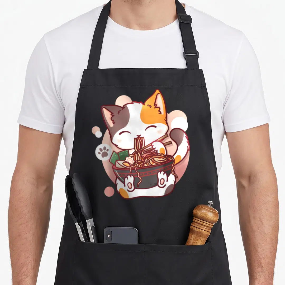 Ramen anime cat apron - Cartoon calico cat holding noodle bowl with chopsticks on pink background — shown on a black cotton canvas apron against a white background