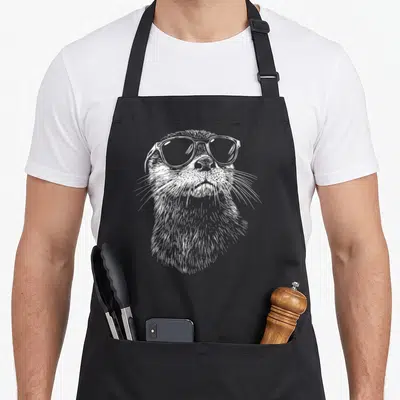 Otter sunglasses funny apron - White line drawing of an otter head wearing sunglasses — shown on a black cotton canvas apron against a white background