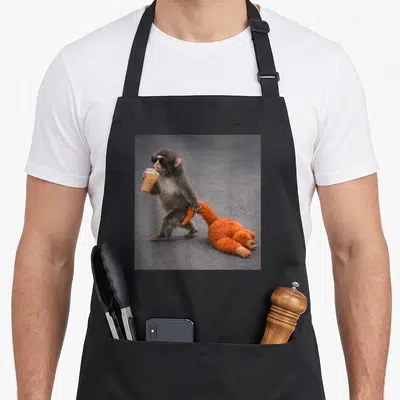 Baby coffee apron - Monkey in sunglasses drinking iced coffee dragging orange toy on grey road — shown on a black cotton canvas apron against a white background