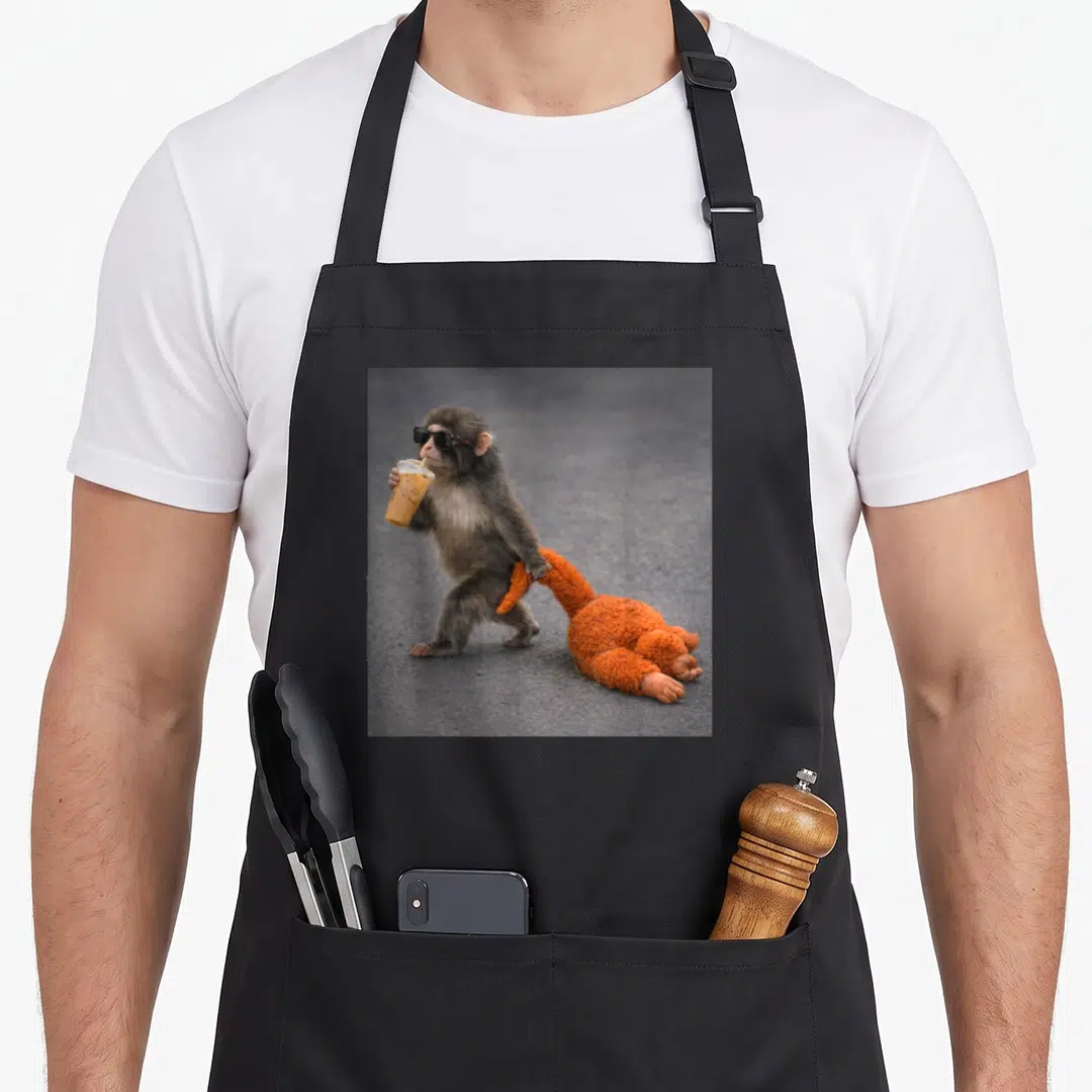 Baby coffee apron - Monkey in sunglasses drinking iced coffee dragging orange toy on grey road — shown on a black cotton canvas apron against a white background