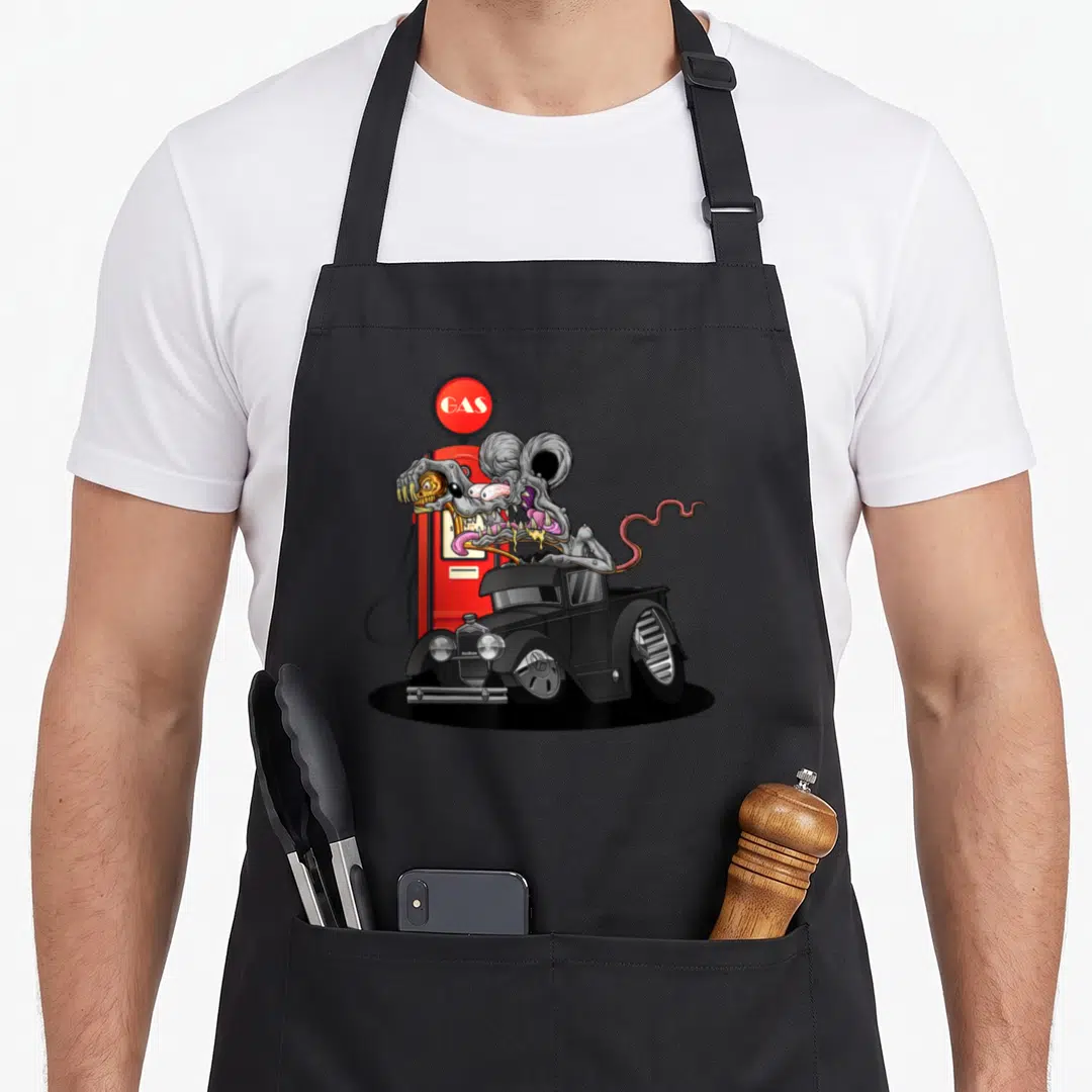Digirod truck apron - Rat monster holding skull next to black truck and red gas pump — shown on a black cotton canvas apron against a white background