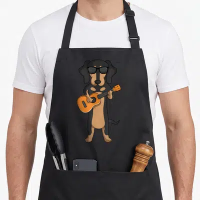 Ukulele dog apron - Cartoon black and tan dachshund wearing sunglasses and standing while playing an orange acoustic — shown on a black cotton canvas apron against a white background
