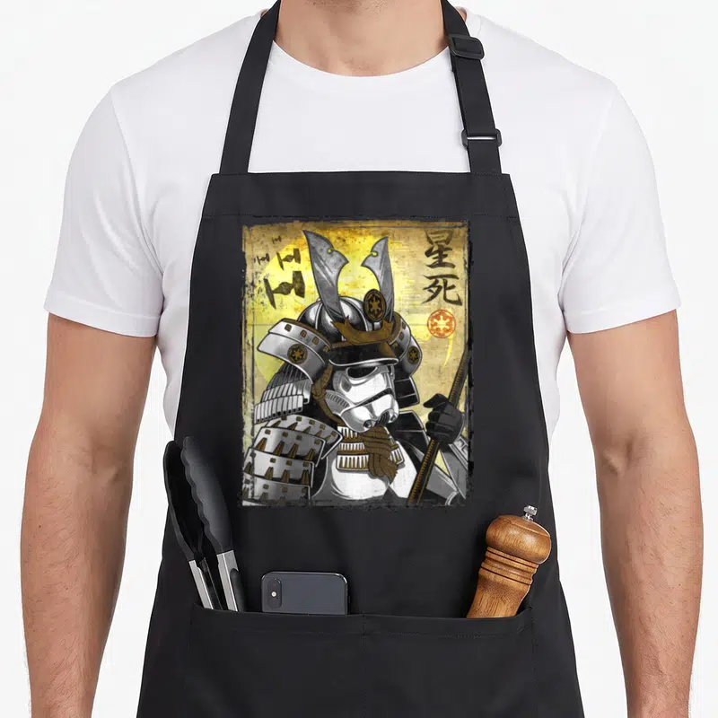Samurai star apron - Stormtrooper in samurai armor with kanji text Hoshishi and TIE fighter in gold and black — shown on a black cotton canvas apron against a white background
