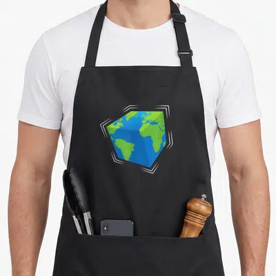 Planet a's aprons - Blue and green earth rendered as a cube inside four white corner brackets on a black background — shown on a black cotton canvas apron against a white background