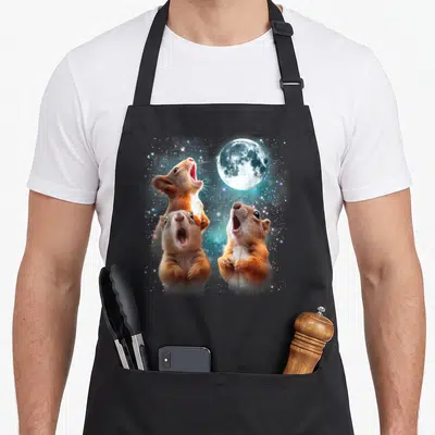 Moon squirrel aprons - Three realistic squirrels with open mouths looking up at a full moon and stars — shown on a black cotton canvas apron against a white background