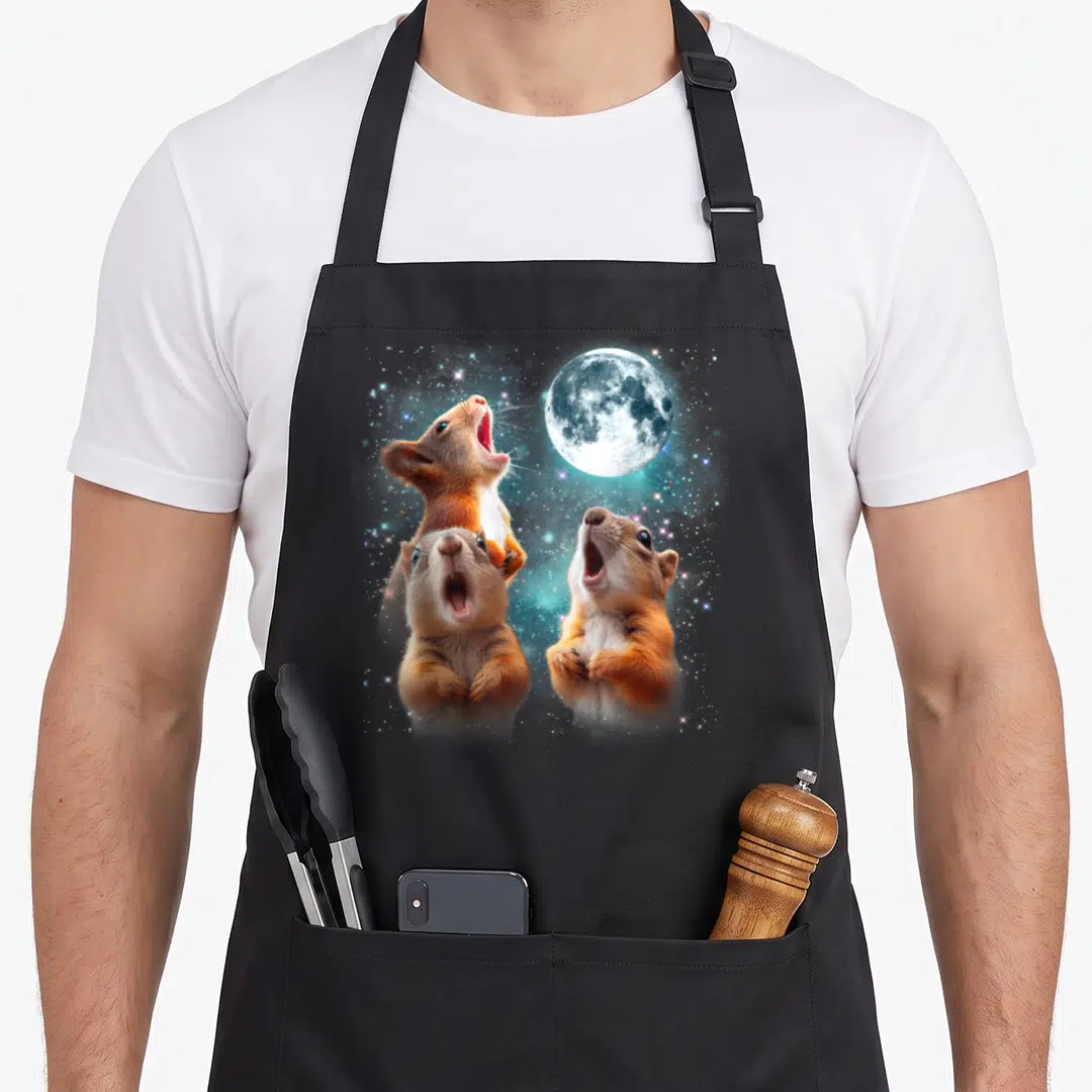 Moon squirrel aprons - Three realistic squirrels with open mouths looking up at a full moon and stars — shown on a black cotton canvas apron against a white background