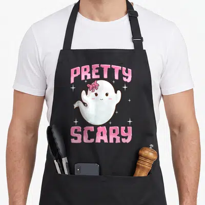 Pretty halloween apron - White ghost with pink bow surrounded by stars under arched pink PRETTY SCARY text — shown on a black cotton canvas apron against a white background
