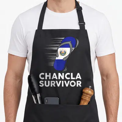Chancla salvadoran apron - Flying blue white grey flip flop with El Salvador flag and Chancla Survivor text — shown on a black cotton canvas apron against a white background