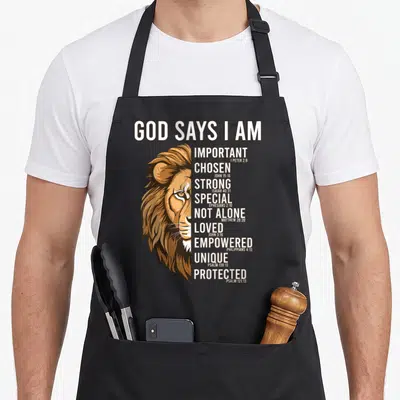 Christian god says i am apron - Realistic lion face beside vertical list of words IMPORTANT STRONG LOVED PROTECTED — shown on a black cotton canvas apron against a white background