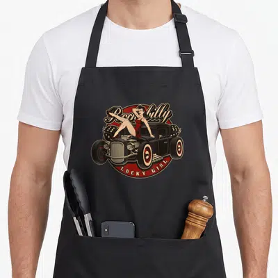 Hot rockabilly apron - Woman in red dress on black hot rod with Rockabilly and Lucky Girl text — shown on a black cotton canvas apron against a white background