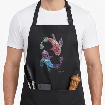 Pisce zodiac aprons - Two fish in blue purple red orange watercolor with Pisces text — shown on a black cotton canvas apron against a white background