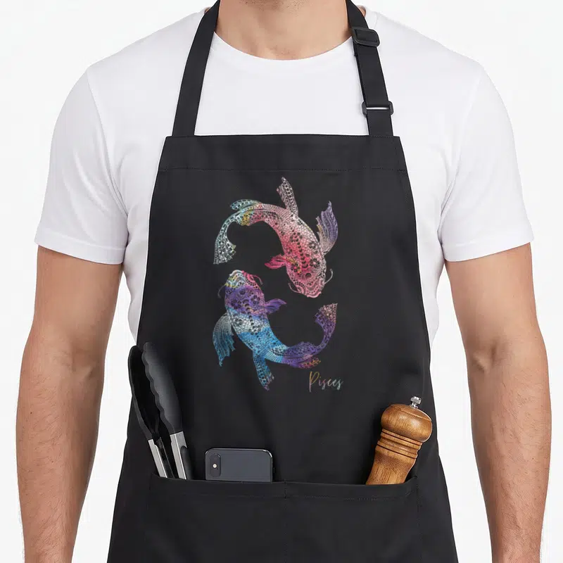 Pisce zodiac aprons - Two fish in blue purple red orange watercolor with Pisces text — shown on a black cotton canvas apron against a white background