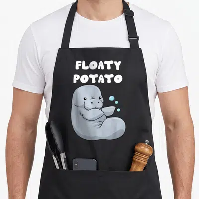 Manatee potato apron - Grey cartoon manatee winking below FLOATY POTATO text with three blue bubbles — shown on a black cotton canvas apron against a white background