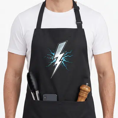 Strike lighting bolt apron - Blue and white cartoon lightning bolt with blue sparks radiating from behind on grey — shown on a black cotton canvas apron against a white background