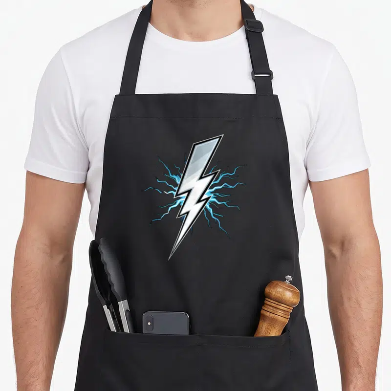 Strike lighting bolt apron - Blue and white cartoon lightning bolt with blue sparks radiating from behind on grey — shown on a black cotton canvas apron against a white background