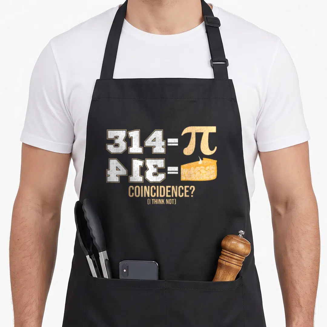 Math algebra apron - Stacked 314 equals pi pie coincidence text with yellow pie slice illustration — shown on a black cotton canvas apron against a white background