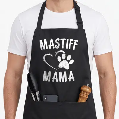 English dog apron - White MASTIFF MAMA text with paw print and overlapping heart graphic — shown on a black cotton canvas apron against a white background
