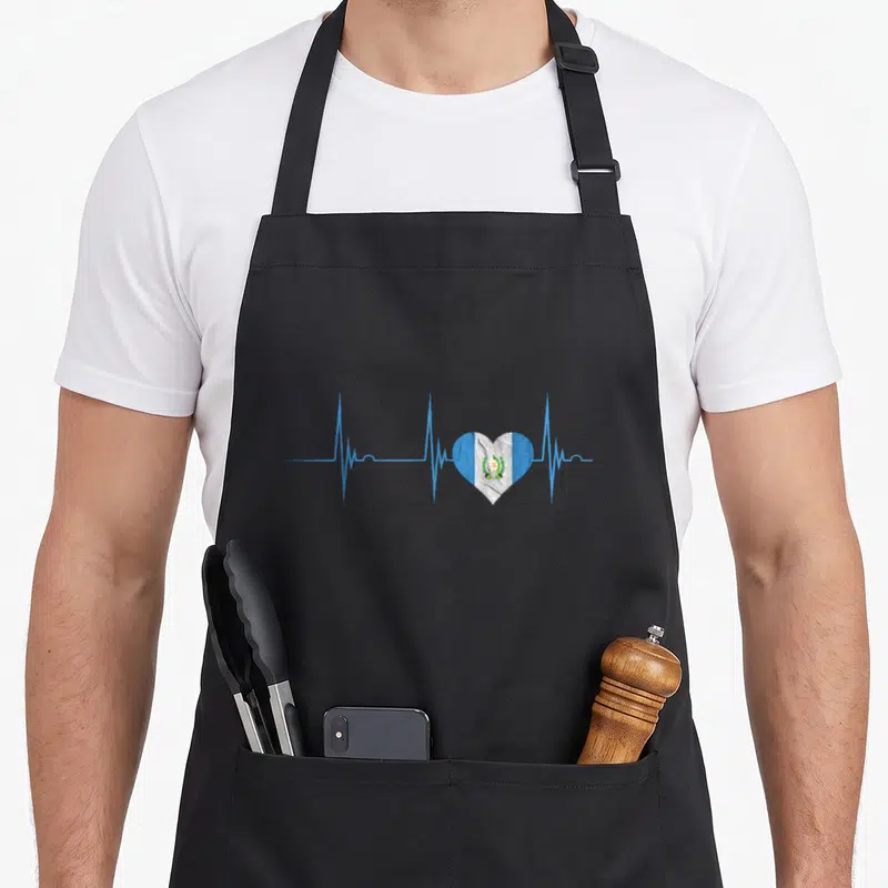 Heartbeat guatemalan aprons - Blue EKG pulse line with a heart shape containing vertical blue white and green flag — shown on a black cotton canvas apron against a white background