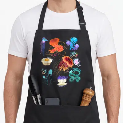 Marine jellyfish dad apron - Watercolor illustration of ten jellyfish species including Portuguese Man O'War and Fried — shown on a black cotton canvas apron against a white background