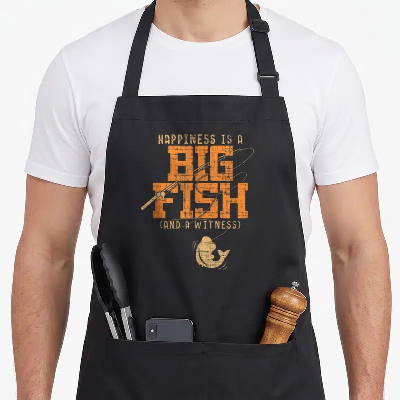 Happiness fishing apron - Stacked orange text HAPPINESS IS A BIG FISH with rod and small fish sketch — shown on a black cotton canvas apron against a white background