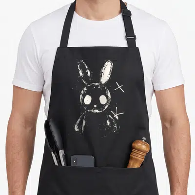 Creepy rabbit apron - Distressed off-white rabbit head with two small crosses scattered to the right — shown on a black cotton canvas apron against a white background