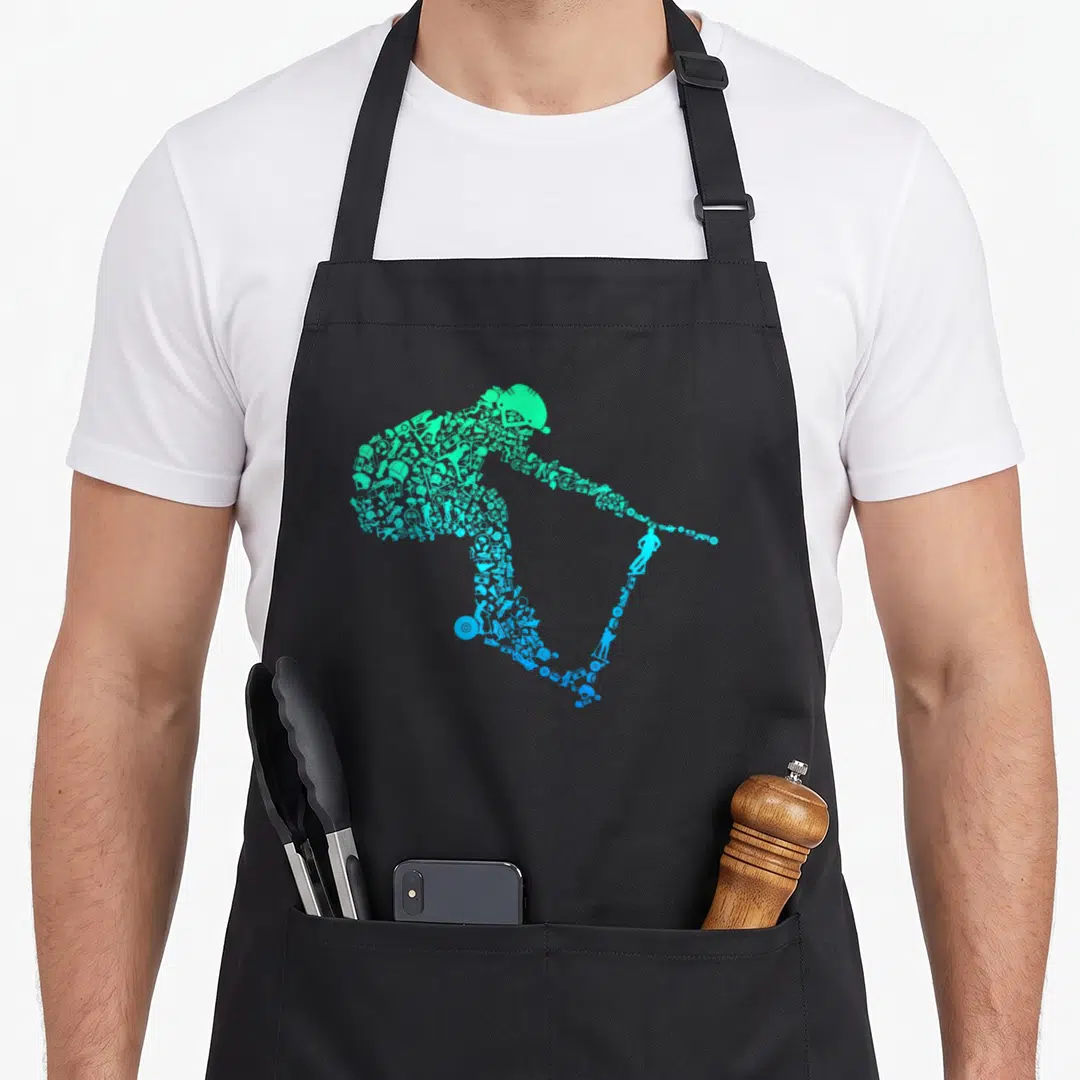 Youth scooter apron - Teal and blue rider silhouette formed by scooter tools and mechanical parts — shown on a black cotton canvas apron against a white background