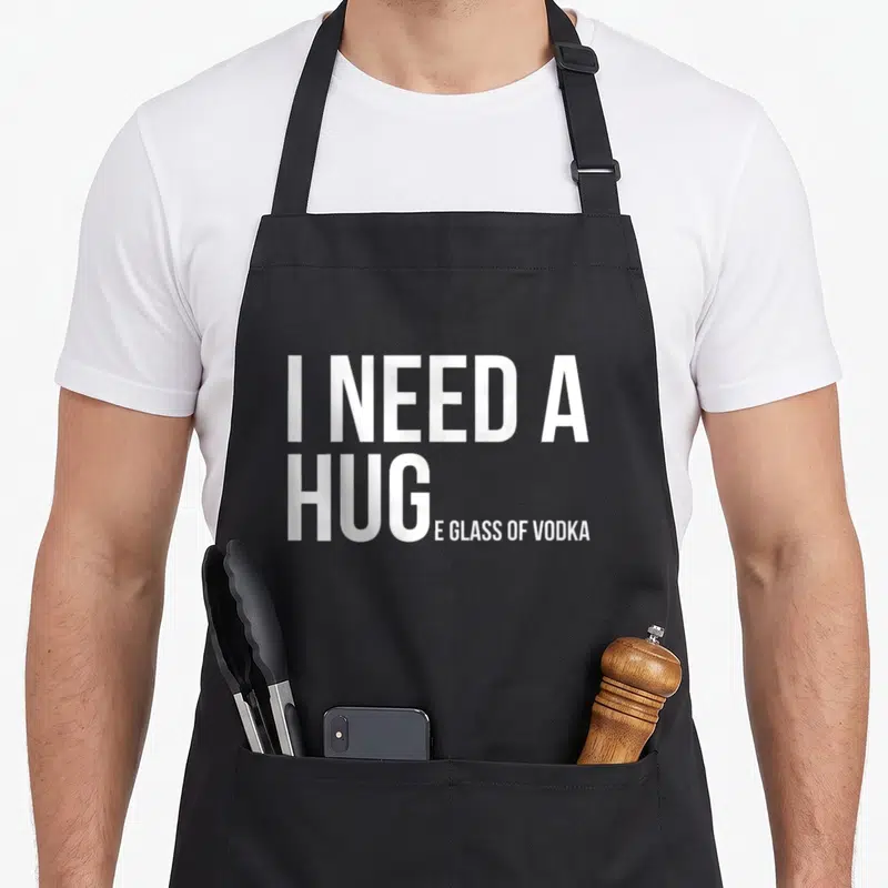 Huge vodka addict apron - White stacked text reading I need a hug glass of vodka on black background — shown on a black cotton canvas apron against a white background