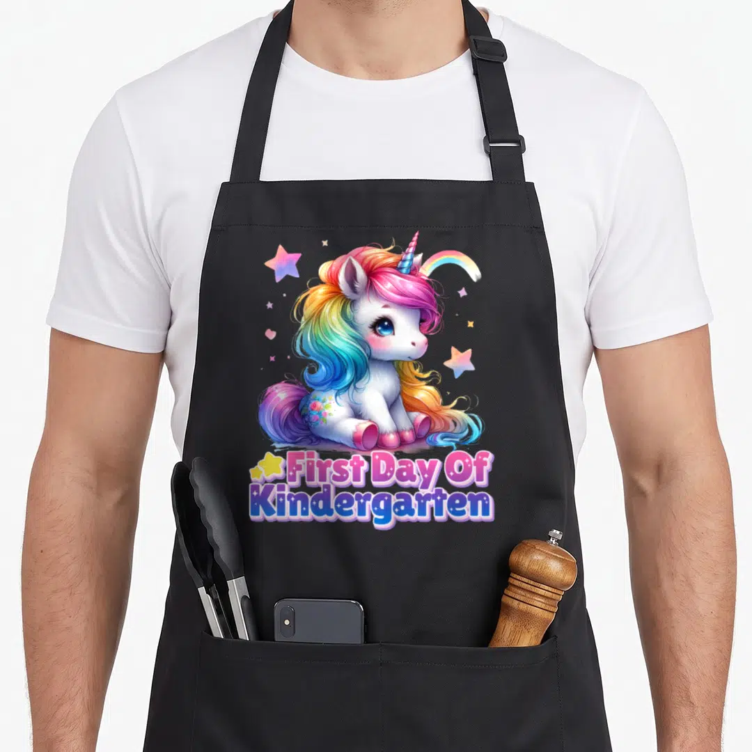 Funny kindergarten unicorn apron - Cartoon unicorn with rainbow mane sitting above First Day Of Kindergarten text — shown on a black cotton canvas apron against a white background