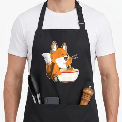 Ramen fox aprons - Cartoon orange fox eating noodles from a white bowl with red trim using chopsticks — shown on a black cotton canvas apron against a white background
