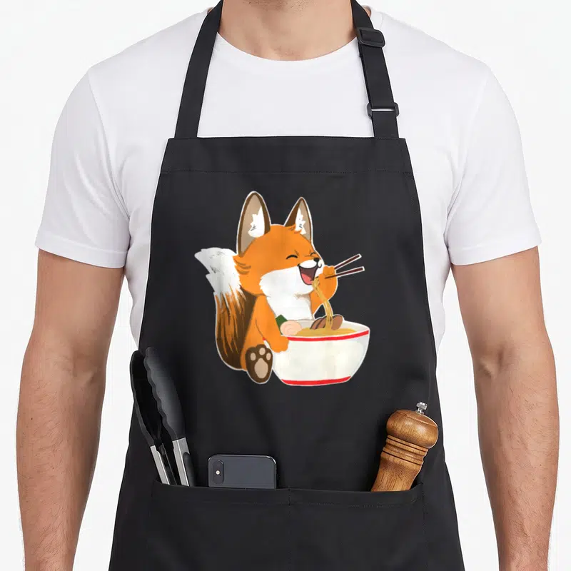 Ramen fox aprons - Cartoon orange fox eating noodles from a white bowl with red trim using chopsticks — shown on a black cotton canvas apron against a white background