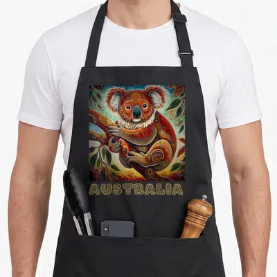 Funny aboriginal australian apron - Koala perched on branch in square frame with AUSTRALIA text below in patterned gold — shown on a black cotton canvas apron against a white background