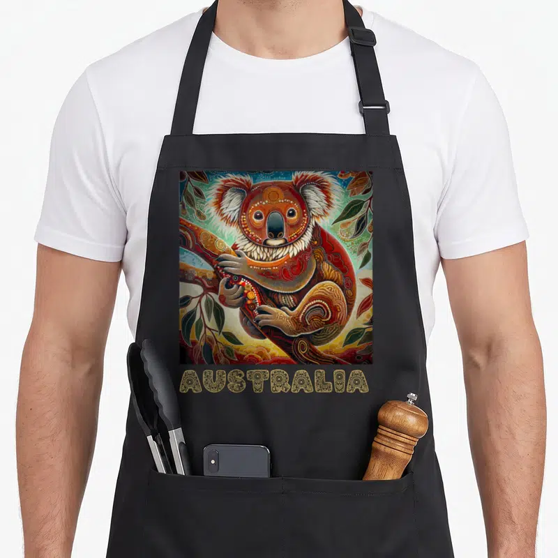 Funny aboriginal australian apron - Koala perched on branch in square frame with AUSTRALIA text below in patterned gold — shown on a black cotton canvas apron against a white background