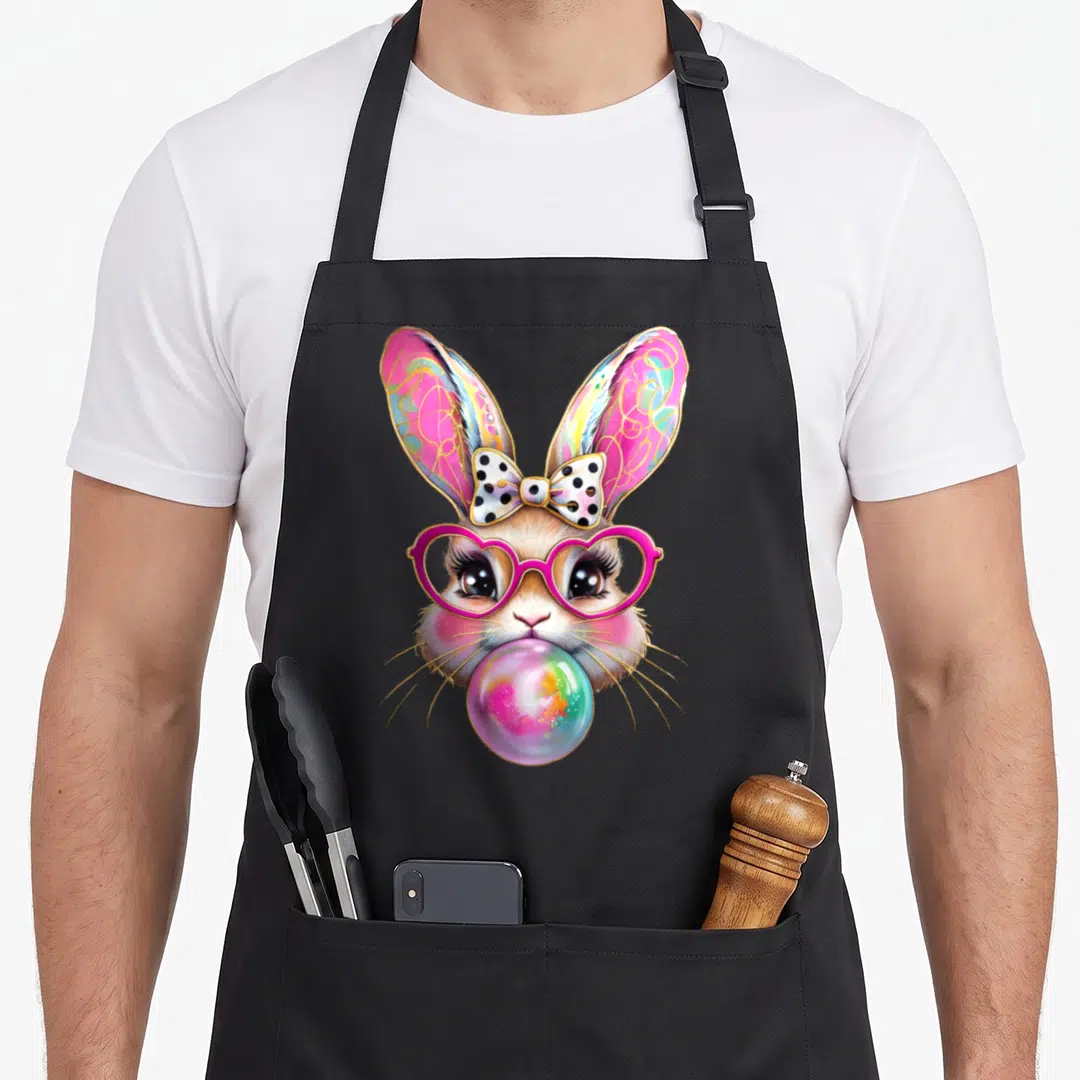 Coquette easter bunny aprons - Cartoon rabbit head with pink heart glasses, polka dot bow, and iridescent bubblegum — shown on a black cotton canvas apron against a white background