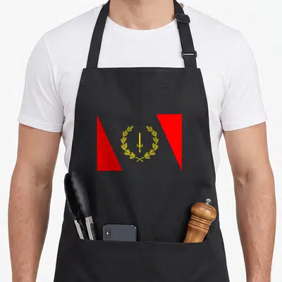 Heritage african american aprons - Yellow sword and wreath centered between two red triangles on grey background — shown on a black cotton canvas apron against a white background