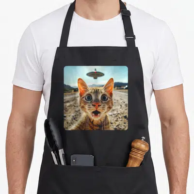 Extraterrestrial funny cat apron - Wide-eyed tabby cat face with hovering UFO over a dirt road in orange and grey tones — shown on a black cotton canvas apron against a white background