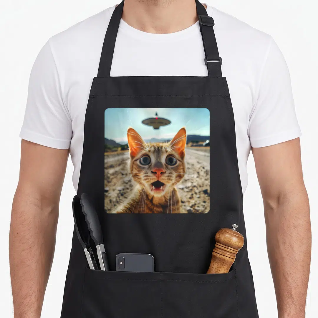 Extraterrestrial funny cat apron - Wide-eyed tabby cat face with hovering UFO over a dirt road in orange and grey tones — shown on a black cotton canvas apron against a white background