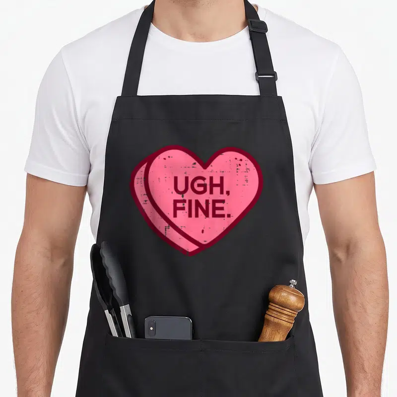 Anti valentine's day apron - Pink heart with dark red border containing UGH FINE text in cartoon style — shown on a black cotton canvas apron against a white background