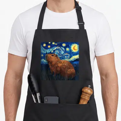 Capybara van gogh apron - Brown capyara standing in grass against a swirling blue night sky with yellow stars — shown on a black cotton canvas apron against a white background
