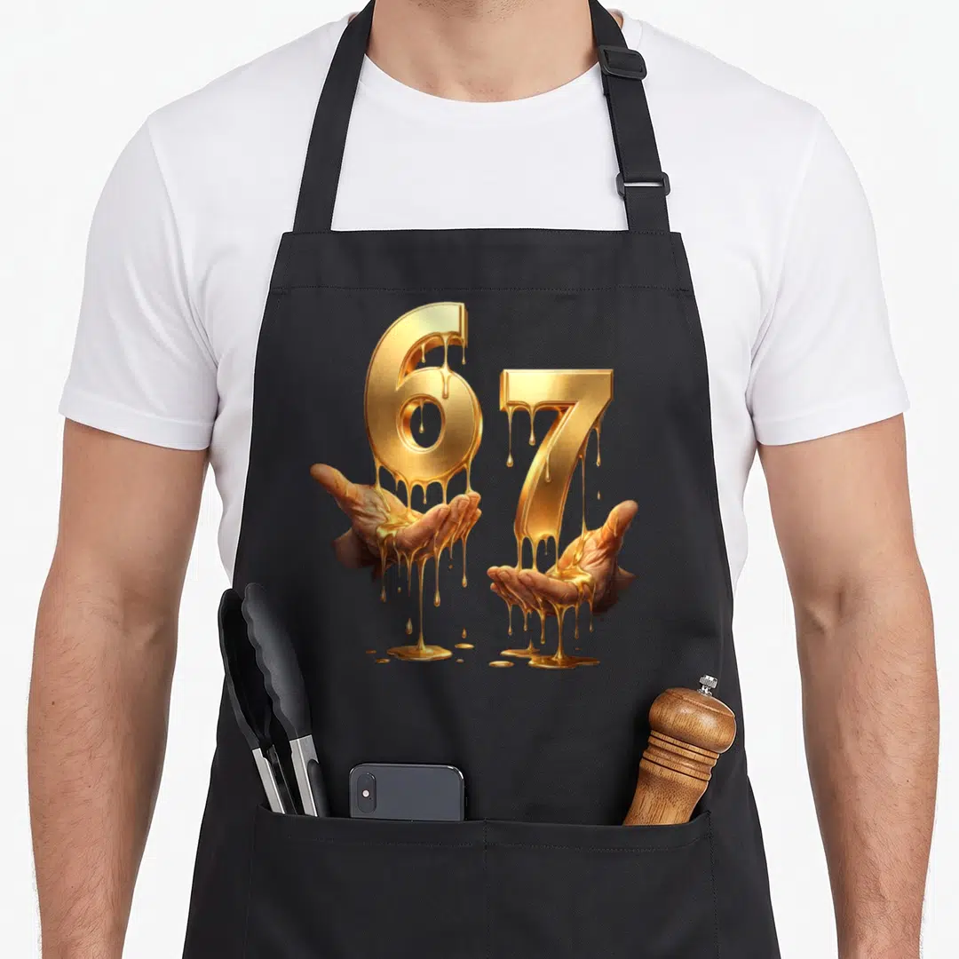 Hand drip apron - Gold numbers 6 and 7 dripping liquid onto hands from below in realistic style — shown on a black cotton canvas apron against a white background