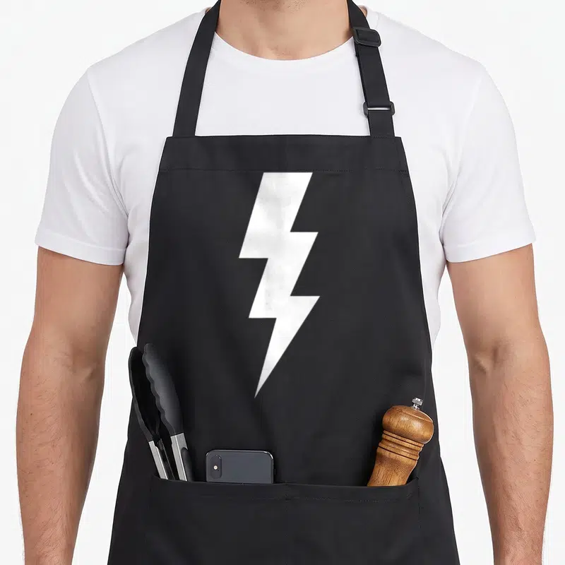 Power electricity apron - Single white lightning bolt centered on grey background, minimalist geometric shape — shown on a black cotton canvas apron against a white background