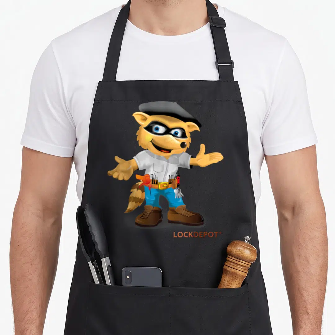 Lock locksmith apron - Cartoon raccoon in beret and tool belt with keys in tan and brown — shown on a black cotton canvas apron against a white background