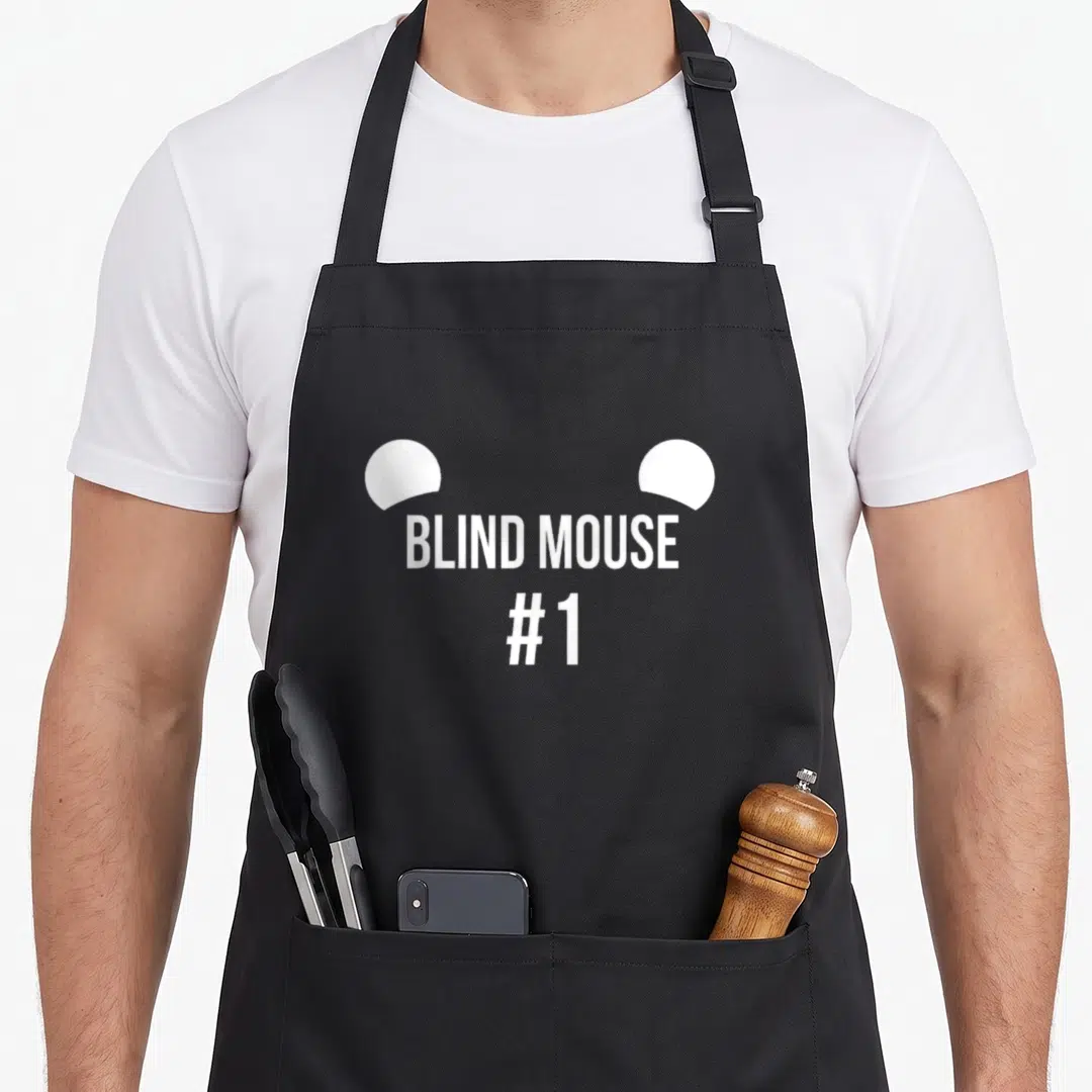 Costume three mice apron - White semi-circle mouse ears above stacked text reading BLIND MOUSE #1 — shown on a black cotton canvas apron against a white background
