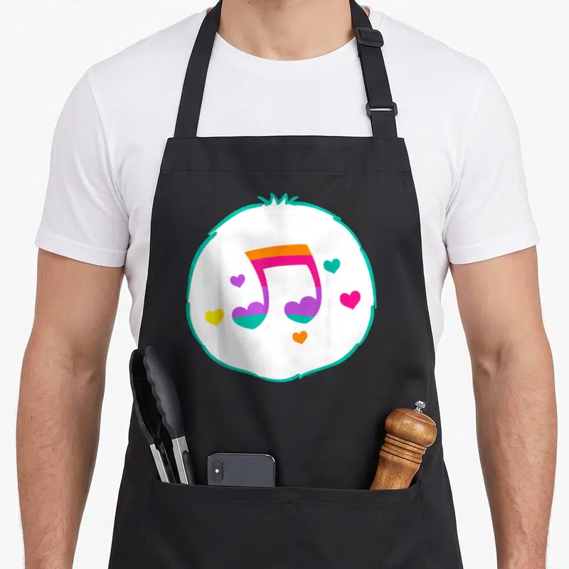 Song halloween apron - Cartoon musical note in teal pink purple orange and yellow inside a circle with five hearts — shown on a black cotton canvas apron against a white background